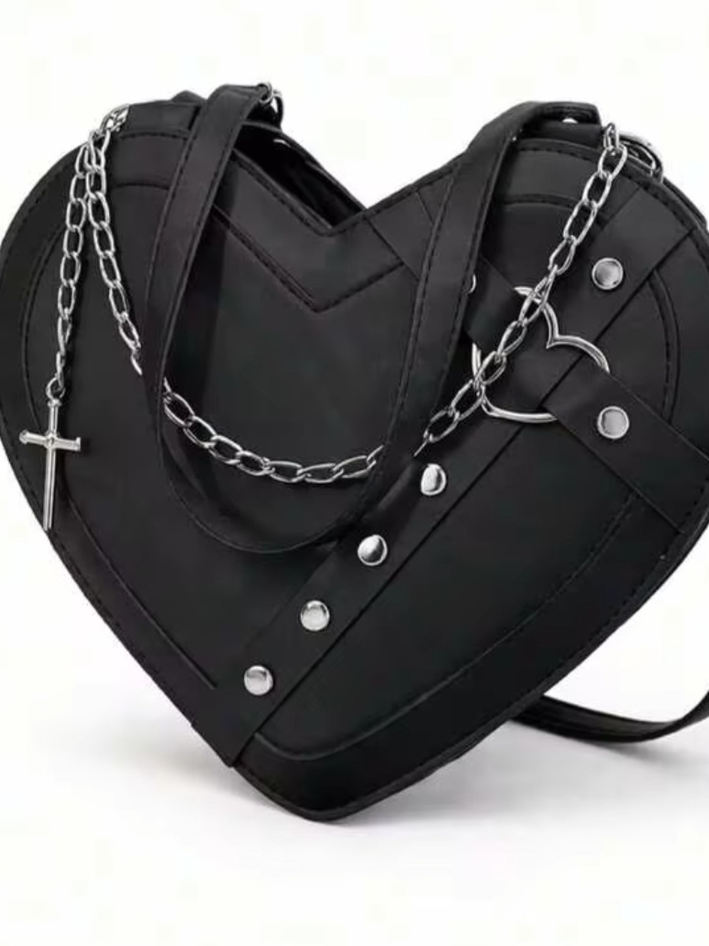 Black Heart Crossbody Bag with Silver Chain Accent